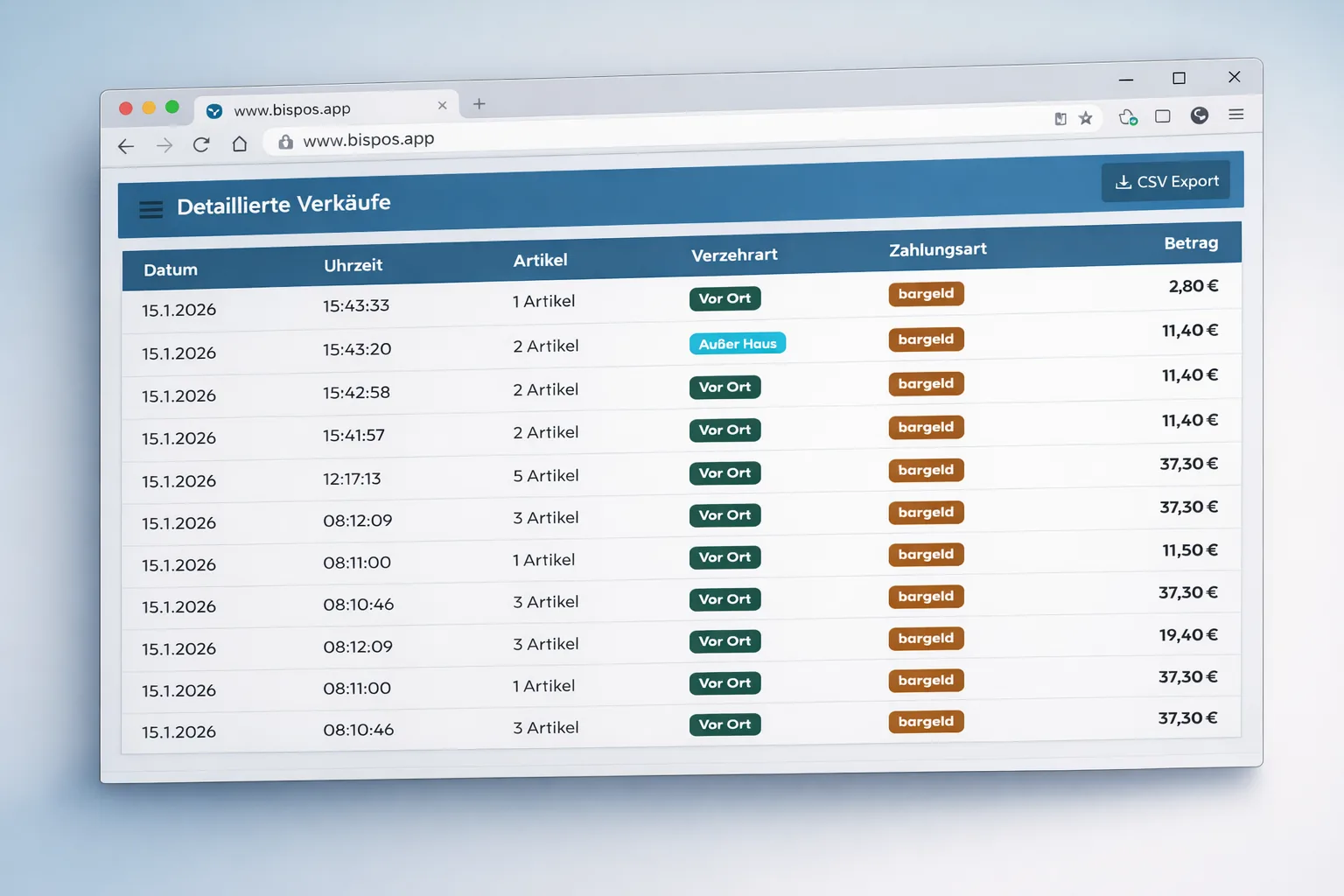 Detaillierte Verkäufe Tabelle mit CSV Export