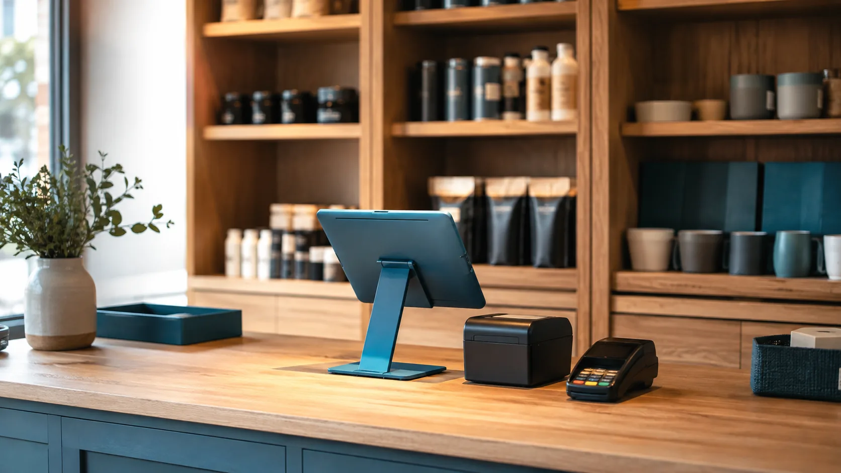 Verkaufstheke eines kleinen Ladengeschäfts: ein Tablet auf einem Standfuß dient als Kasse, daneben Bondrucker und Kartenterminal, dahinter Holzregale mit Waren