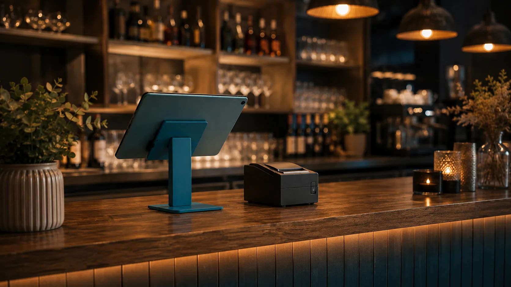 Bartresen aus Holz am Abend: ein Tablet auf einem Standfuß dient als Kasse, daneben ein Bondrucker, dahinter beleuchtete Flaschenregale und Gläser