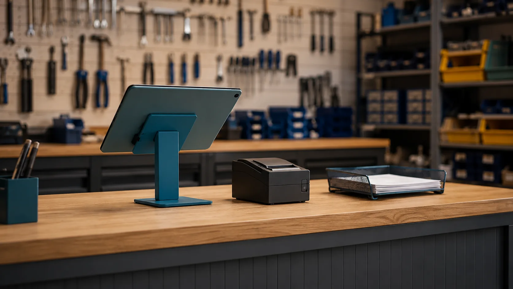 Werkstattbereich mit Werkbank: ein Tablet auf einem Standfuß dient als Kasse, daneben Bondrucker und Kartenterminal, dahinter eine Werkzeugwand