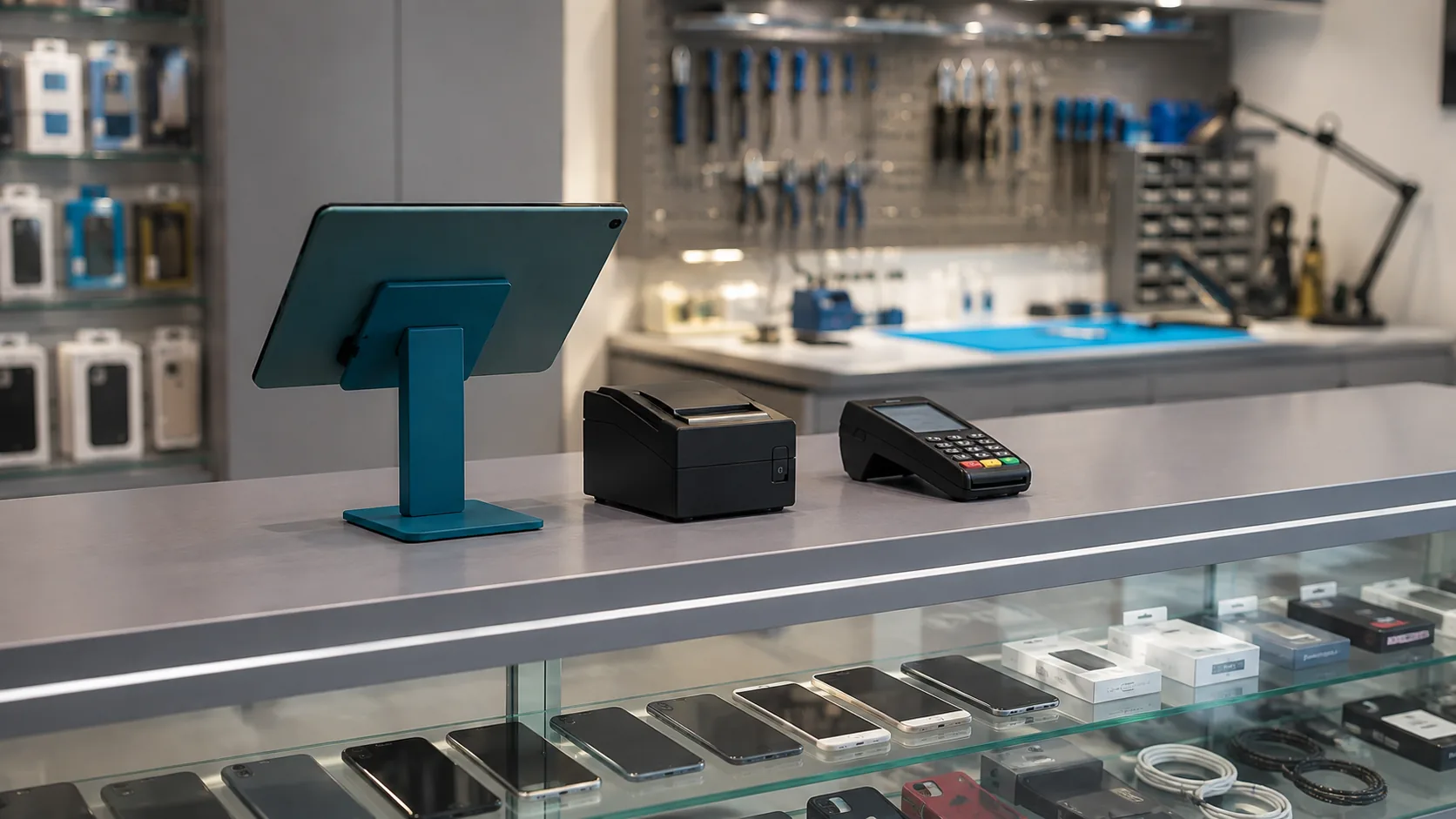 Verkaufstresen eines Handyshops: ein Tablet auf einem Standfuß dient als Kasse, daneben Bondrucker und Kartenterminal, in der Vitrine gebrauchte Smartphones, im Hintergrund ein Reparaturplatz mit Werkzeugwand