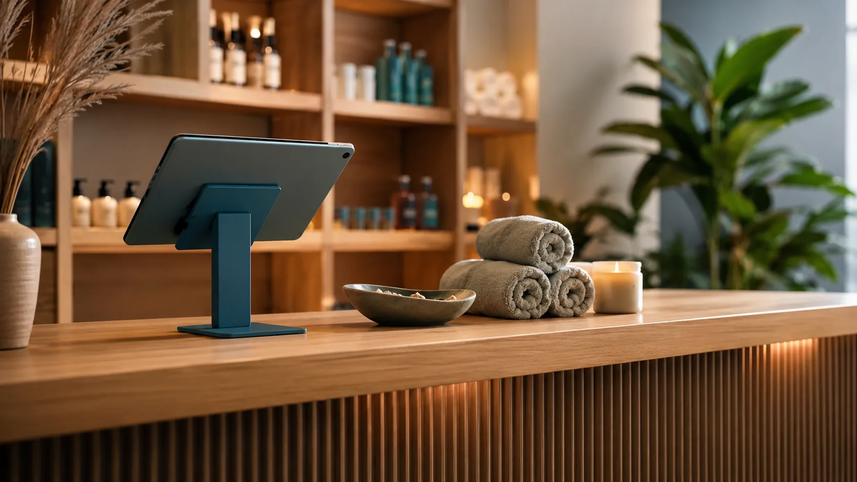 Empfangstresen eines Massagestudios aus hellem Holz: ein Tablet auf einem Standfuß dient als Kasse, daneben gerollte Handtücher, eine Duftschale und eine Kerze, im Hintergrund Regale mit Pflegeprodukten