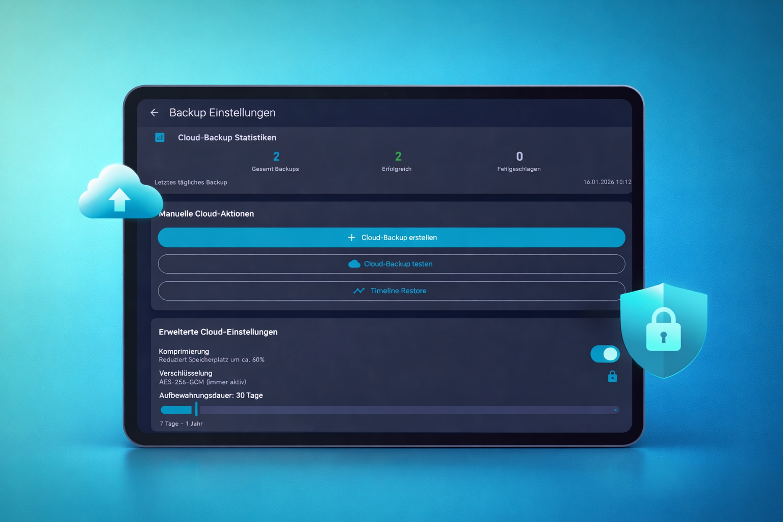 BISpicy POS Cloud Backup - AES-256 verschlüsselte Datensicherung mit Statistiken und Timeline Restore