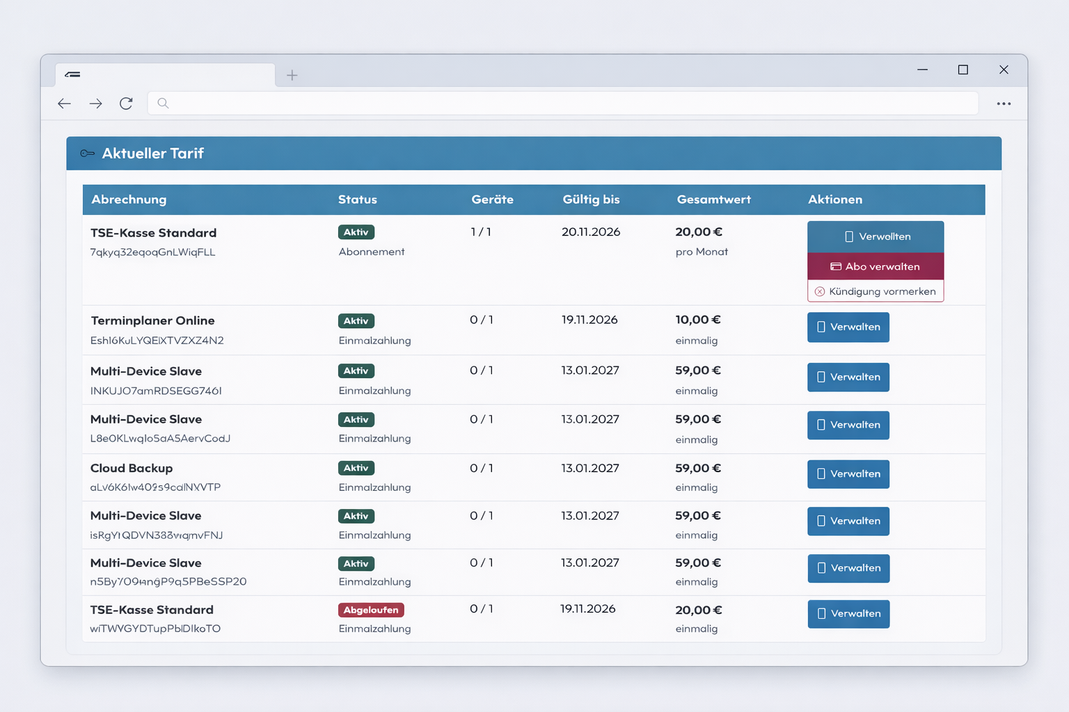 BISpicy POS Lizenzverwaltung - TSE-Lizenzen mit Status und Ablaufdatum