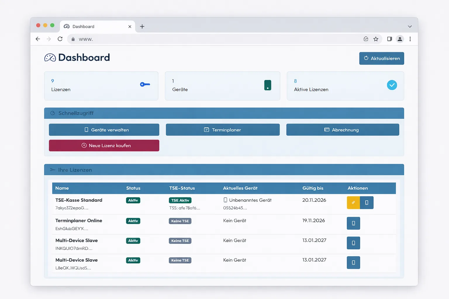 BISpicy POS Dashboard Startseite - Lizenzen, Geräte und Schnellzugriff im Browser