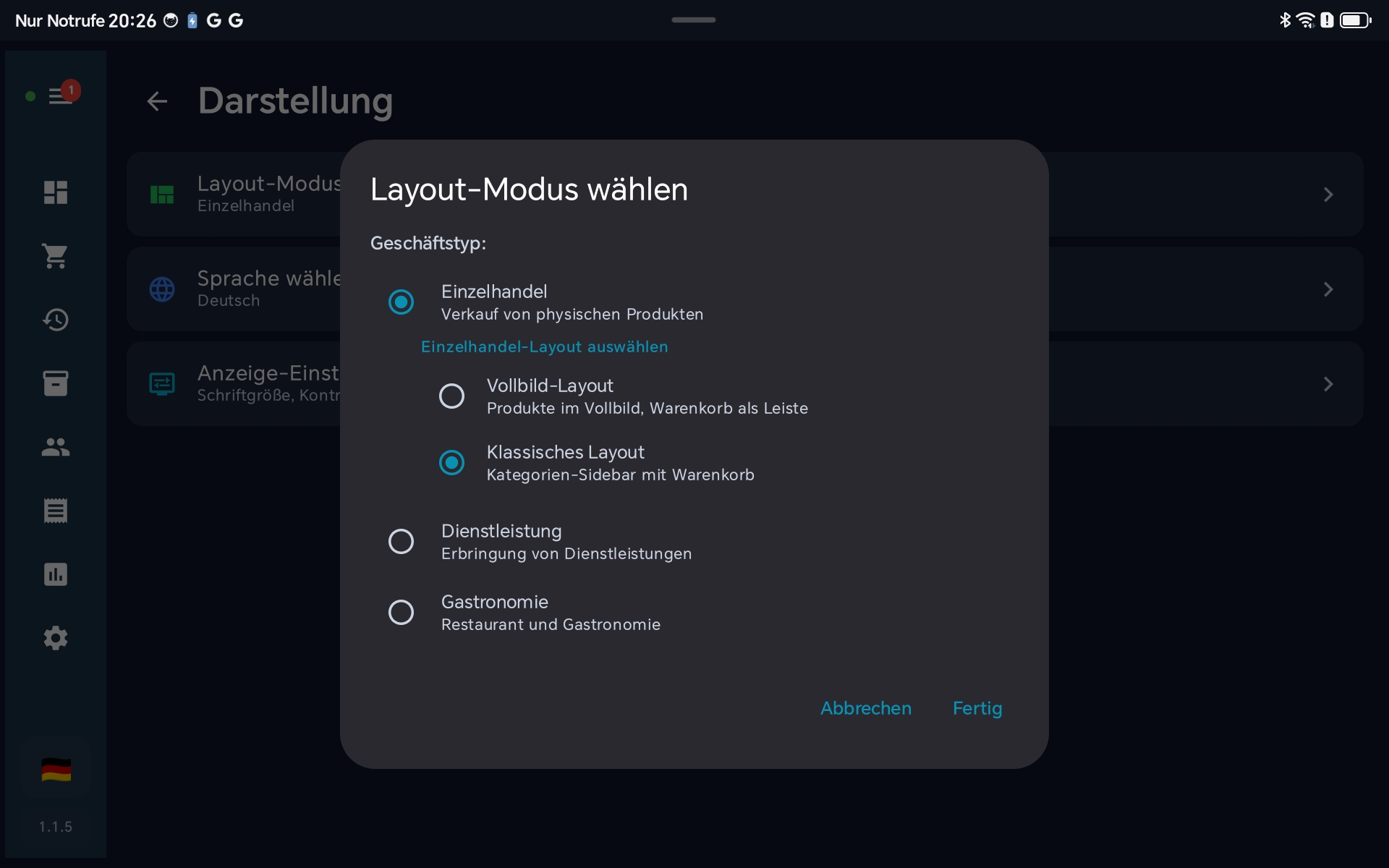 BISpicy POS Layout-Auswahl-Dialog: Geschaeftstyp Einzelhandel ausgewaehlt, darunter die Optionen Vollbild-Layout und Klassisches Layout mit Erklaerungstext.