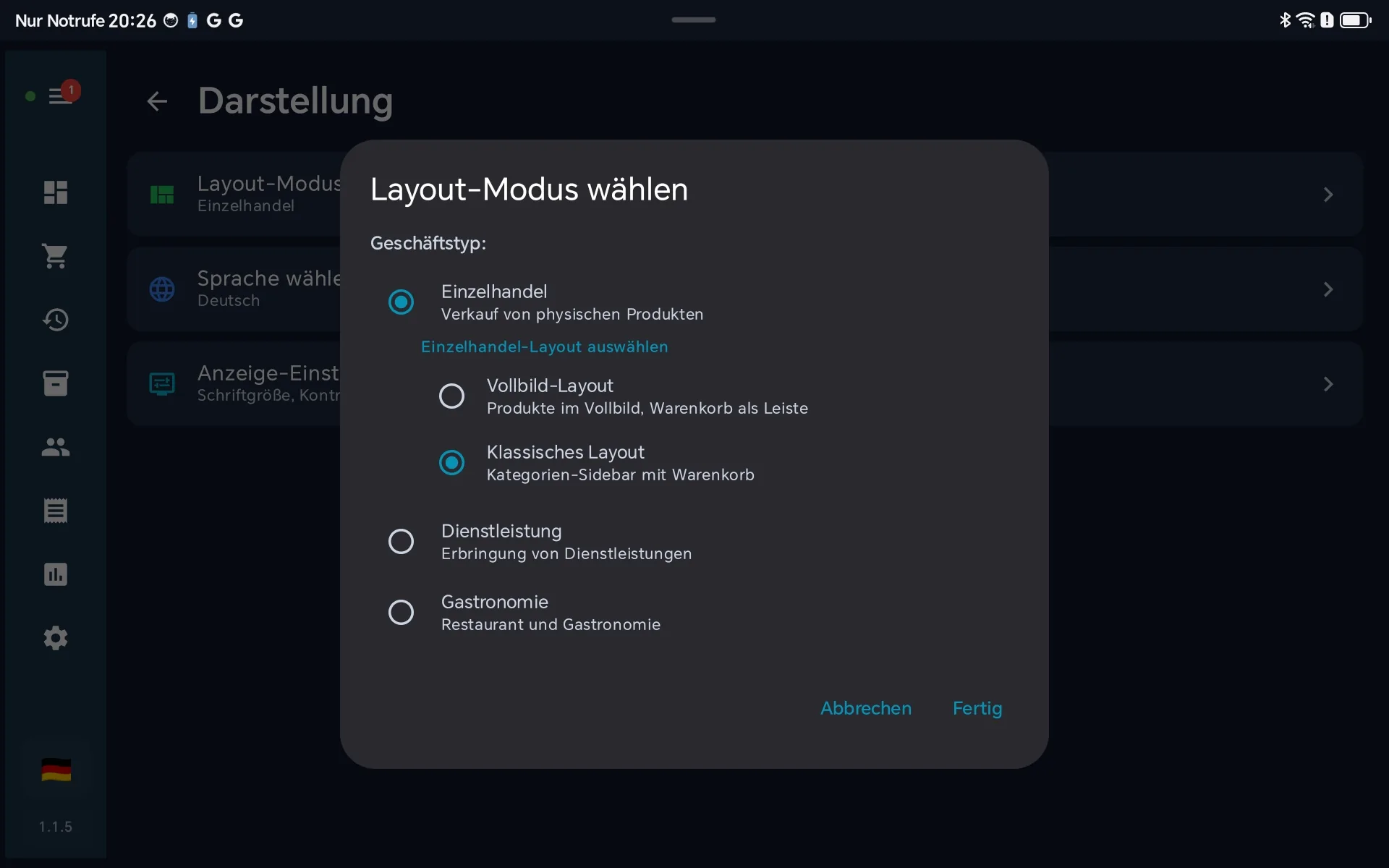 BISpicy POS Layout-Auswahl-Dialog: Geschäftstyp Einzelhandel ausgewählt, darunter die Optionen Vollbild-Layout und Klassisches Layout mit Erklärungstext.