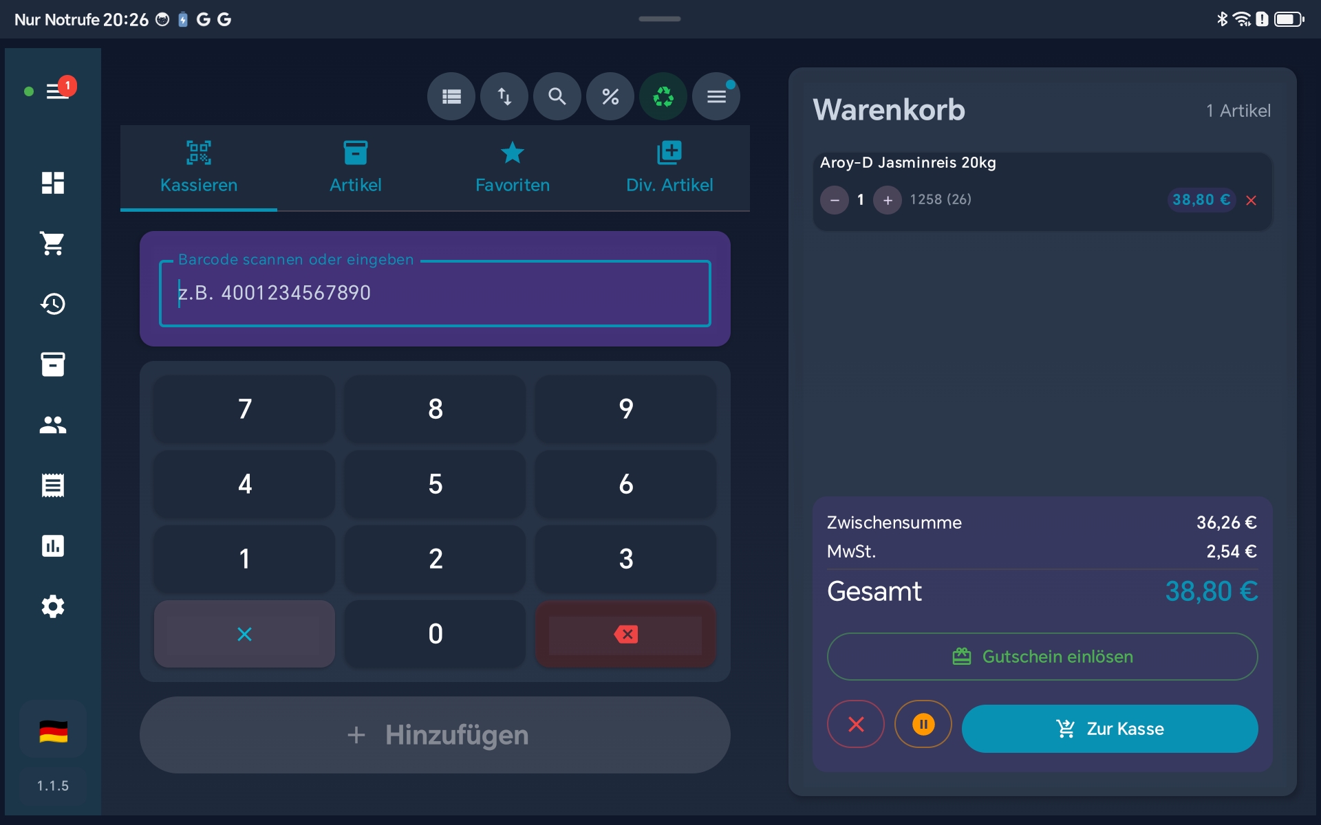 BISpicy POS Klassisches Kassier-Layout: Links Barcode-Scanner mit Nummernblock und Tabs fuer Kassieren, Artikel, Favoriten und Diverse Artikel. Rechts der Warenkorb mit Zwischensumme, MwSt und Gesamtbetrag.