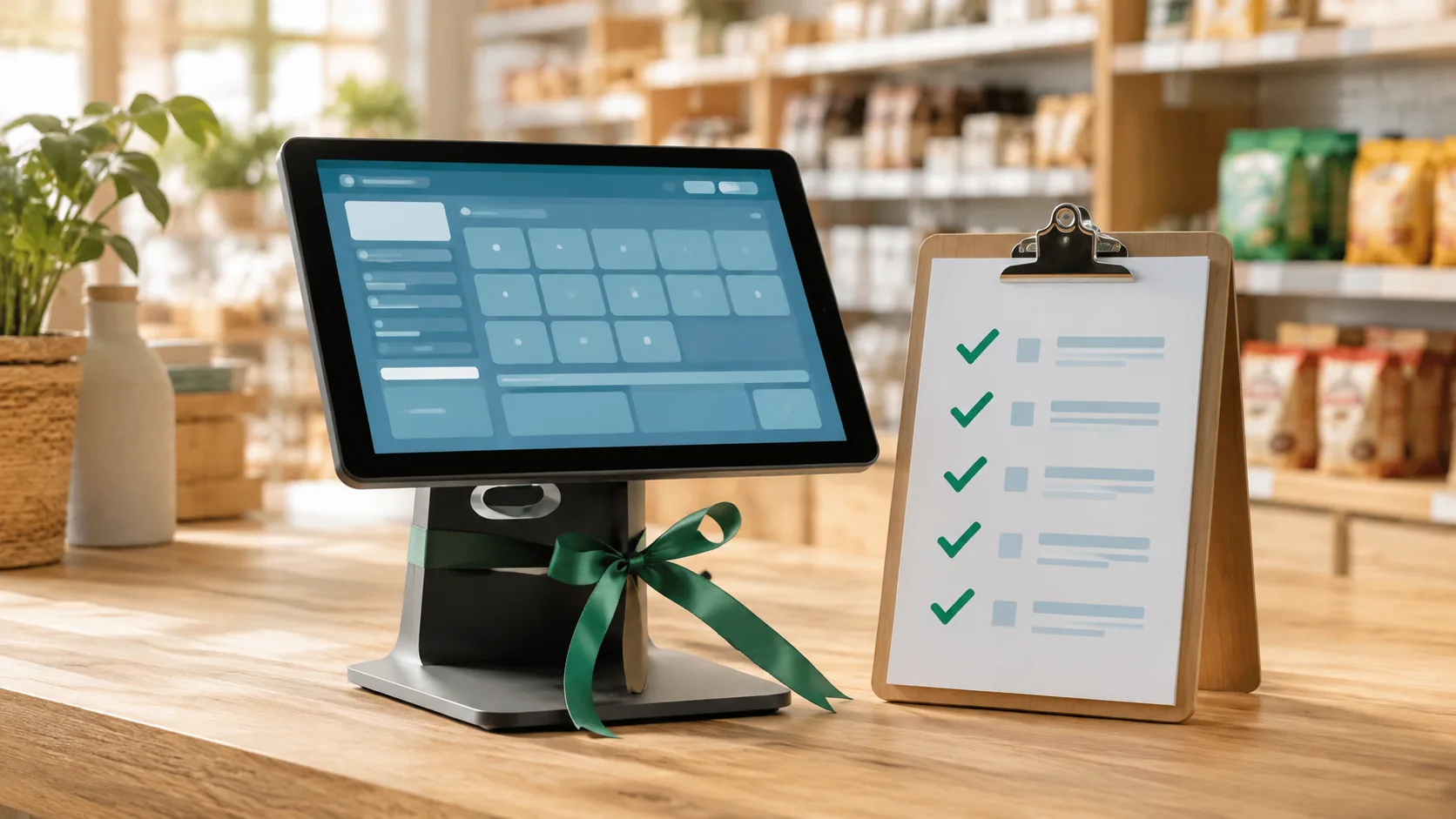Fertig eingerichtetes Tablet-Kassensystem mit abgehakter Einrichtungs-Checkliste und grüner Schleife