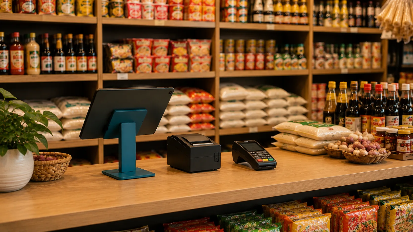 Kassentresen eines asiatischen Lebensmittelladens mit Tablet auf petrolblauem Standfuß, Bondrucker und Kartenterminal, dahinter volle Regale mit Saucenflaschen, Reissäcken und Instantnudeln
