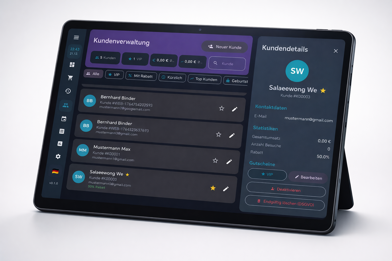 BISpicy POS Kundenverwaltung - Kundenliste mit Details, VIP-Status und DSGVO-Löschung