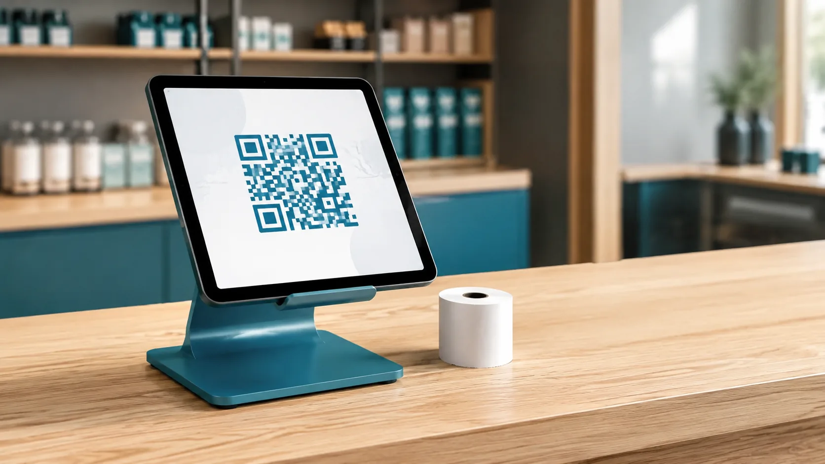 Kassenterminal auf einer Holztheke zeigt einen QR-Code auf dem Display, daneben liegt eine unbenutzte Bonrolle