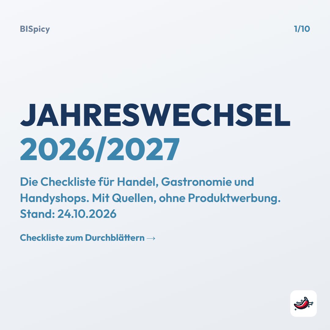 Titelfolie: Jahreswechsel 2026/2027 – Die Checkliste für Handel, Gastronomie und Handyshops. Mit Quellen, ohne Produktwerbung. Stand: 24.10.2026