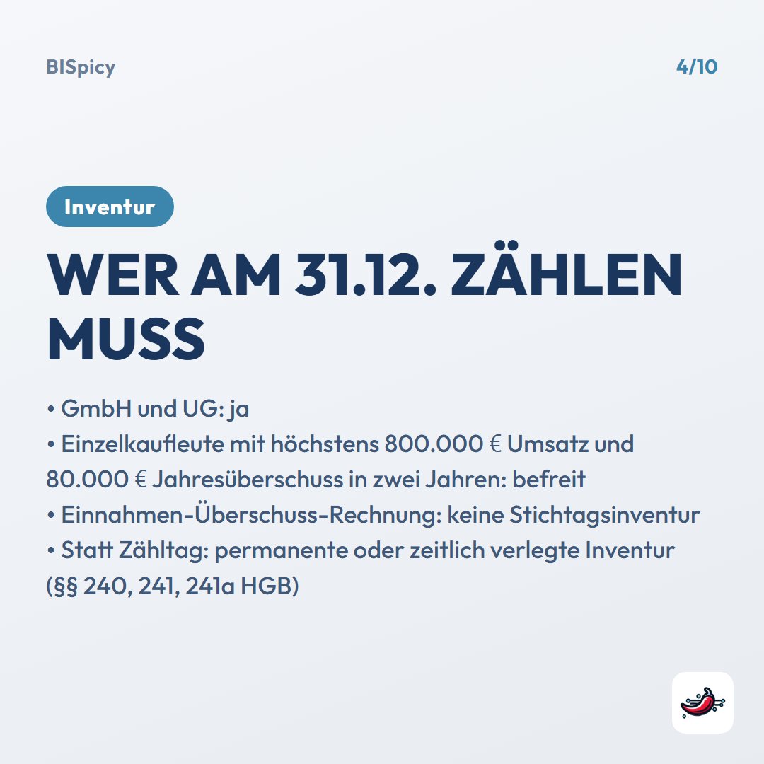 Folie „Wer am 31.12. zählen muss“: GmbH und UG ja; Einzelkaufleute mit höchstens 800.000 € Umsatz und 80.000 € Jahresüberschuss in zwei Jahren befreit; Einnahmen-Überschuss-Rechnung: keine Stichtagsinventur; statt Zähltag permanente oder zeitlich verlegte Inventur (§§ 240, 241, 241a HGB)