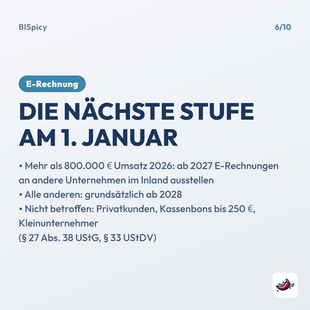 Folie „Die nächste Stufe am 1. Januar“: Mehr als 800.000 € Umsatz 2026: ab 2027 E-Rechnungen an andere Unternehmen im Inland ausstellen; alle anderen grundsätzlich ab 2028; nicht betroffen: Privatkunden, Kassenbons bis 250 €, Kleinunternehmer (§ 27 Abs. 38 UStG, § 33 UStDV)