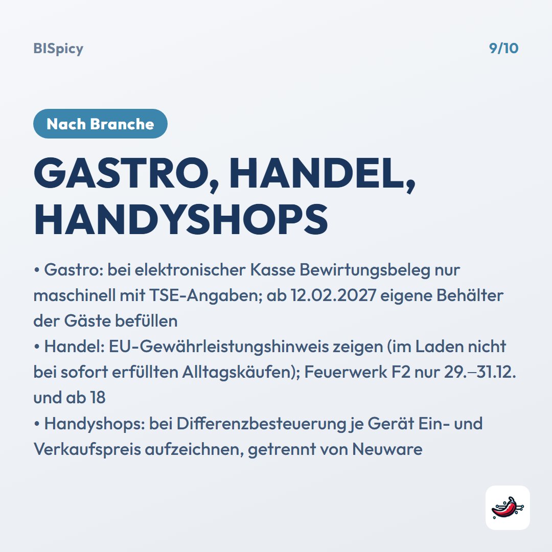 Folie „Gastro, Handel, Handyshops“: Gastro: bei elektronischer Kasse Bewirtungsbeleg nur maschinell mit TSE-Angaben, ab 12.02.2027 eigene Behälter der Gäste befüllen; Handel: EU-Gewährleistungshinweis zeigen (im Laden nicht bei sofort erfüllten Alltagskäufen), Feuerwerk F2 nur 29.–31.12. und ab 18; Handyshops: bei Differenzbesteuerung je Gerät Ein- und Verkaufspreis aufzeichnen, getrennt von Neuware