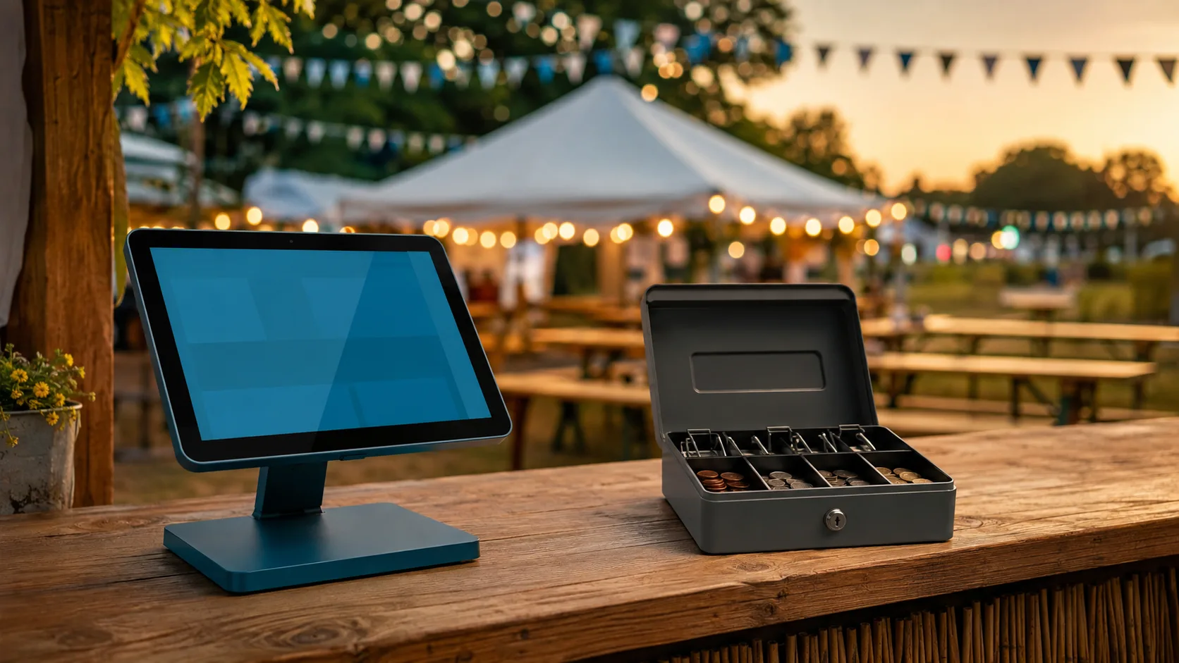 Getränkestand auf einem Vereinsfest mit Tablet-Kasse neben einer Geldkassette