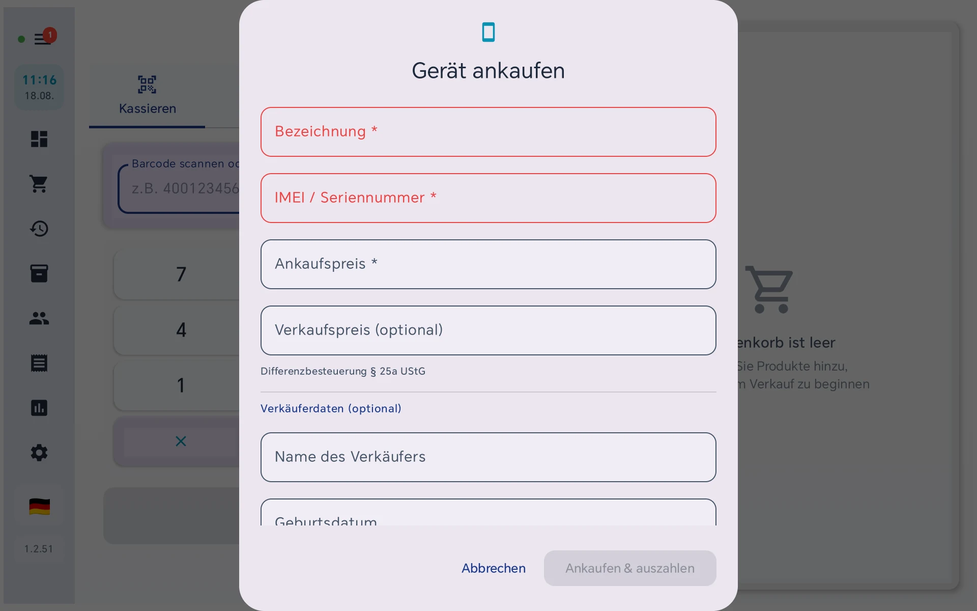 Ankaufmaske für ein Gebrauchtgerät mit Bezeichnung, IMEI oder Seriennummer, Ankaufs- und Verkaufspreis sowie Verkäuferdaten