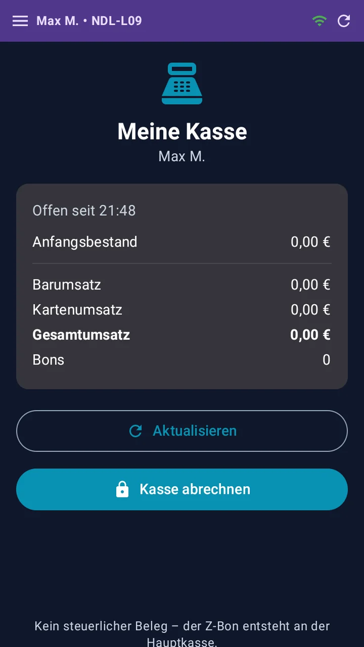 Ansicht Meine Kasse in der Kellner-App mit Anfangsbestand, Barumsatz, Kartenumsatz, Gesamtumsatz und Bonanzahl, den Schaltflächen Aktualisieren und Kasse abrechnen sowie dem Hinweis, dass dies kein steuerlicher Beleg ist