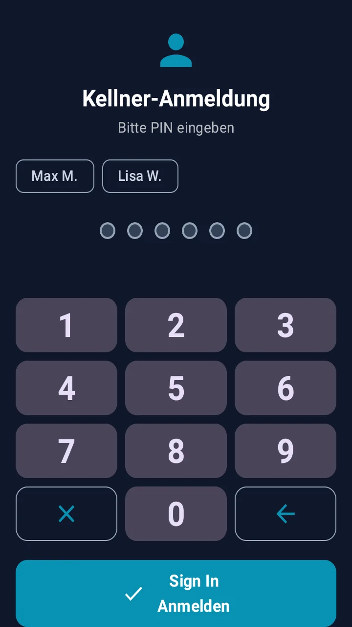 Kellner-Anmeldung der BISpicy POS App mit Ziffernblock, sechs leeren PIN-Punkten, den Namensschildchen Max M. und Lisa W. sowie der Schaltfläche Anmelden