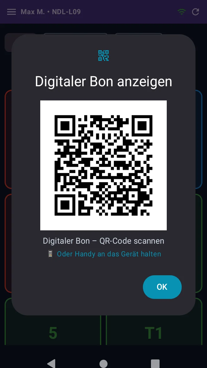 Dialog Digitaler Bon anzeigen in der Kellner-App mit großem QR-Code und dem Hinweis, den QR-Code zu scannen oder das Handy an das Gerät zu halten