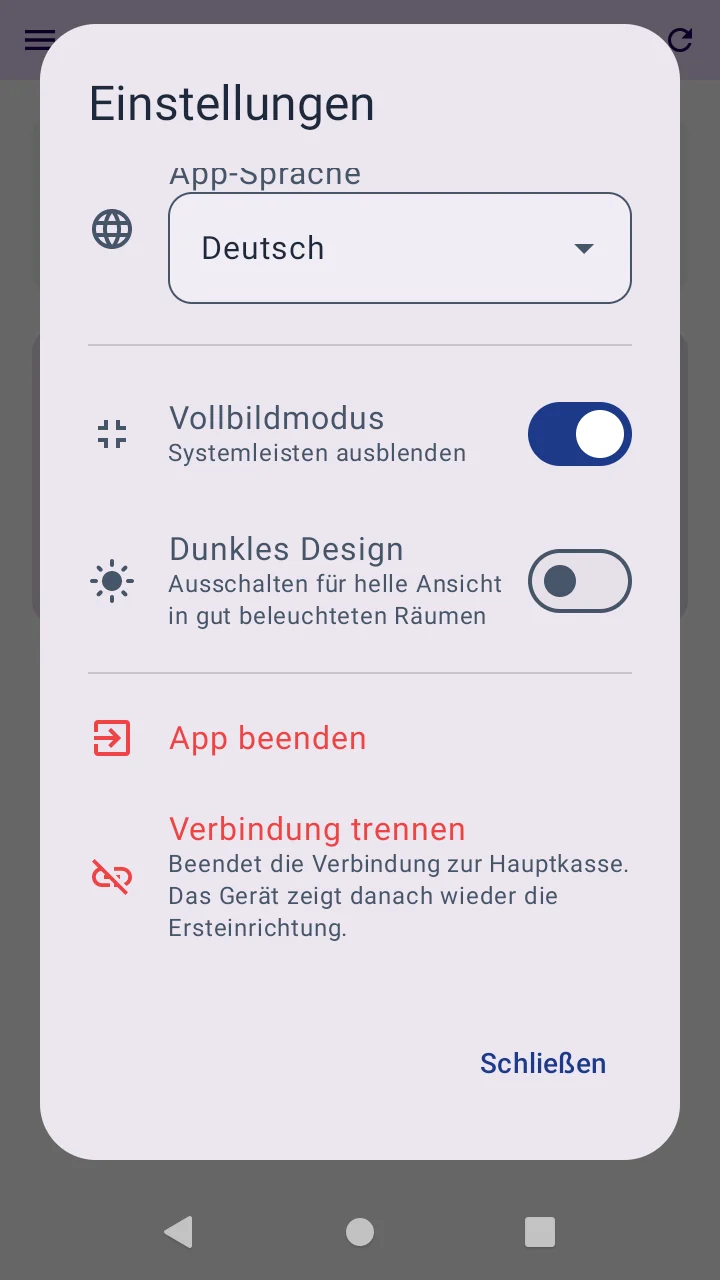 Einstellungs-Dialog der Kellner-App mit der Auswahl der App-Sprache, den Schaltern für Vollbildmodus und dunkles Design sowie den rot hervorgehobenen Punkten App beenden und Verbindung trennen samt Erklärung