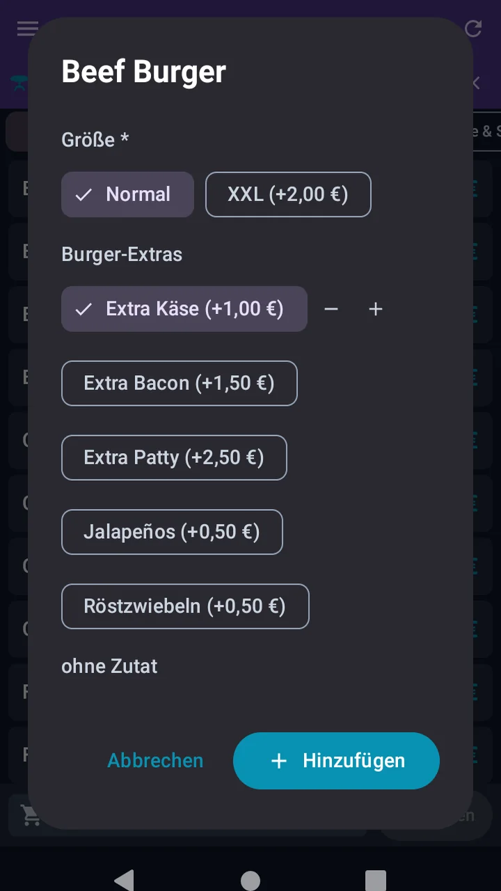 Auswahldialog für einen Beef Burger in der Kellner-App mit der Pflichtgruppe Größe (Normal ausgewählt, XXL plus 2,00 Euro) und den Burger-Extras Käse, Bacon, Patty, Jalapeños und Röstzwiebeln mit Aufpreisen