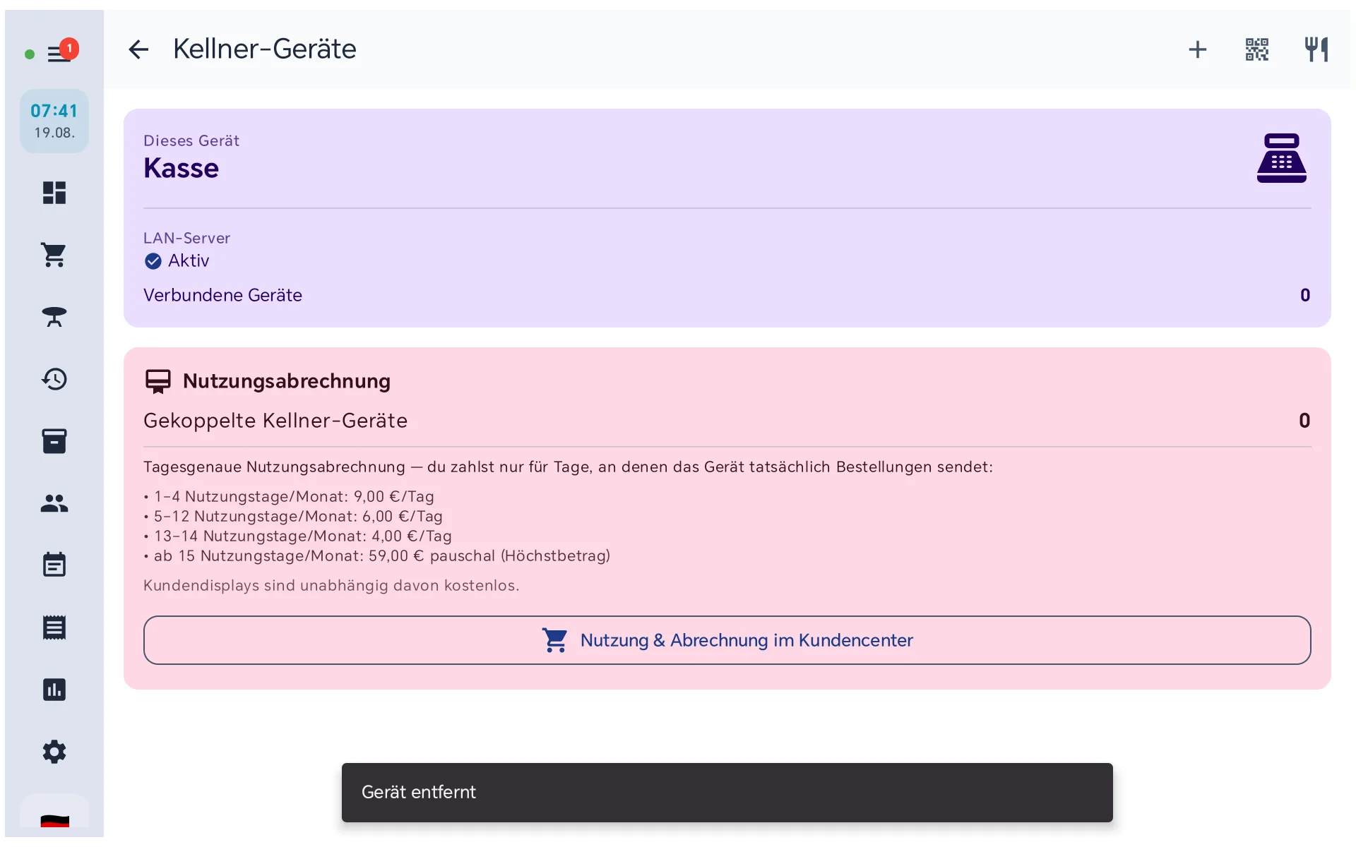 Ansicht Kellner-Geräte an der Hauptkasse mit null verbundenen und null gekoppelten Geräten als Gegenprobe