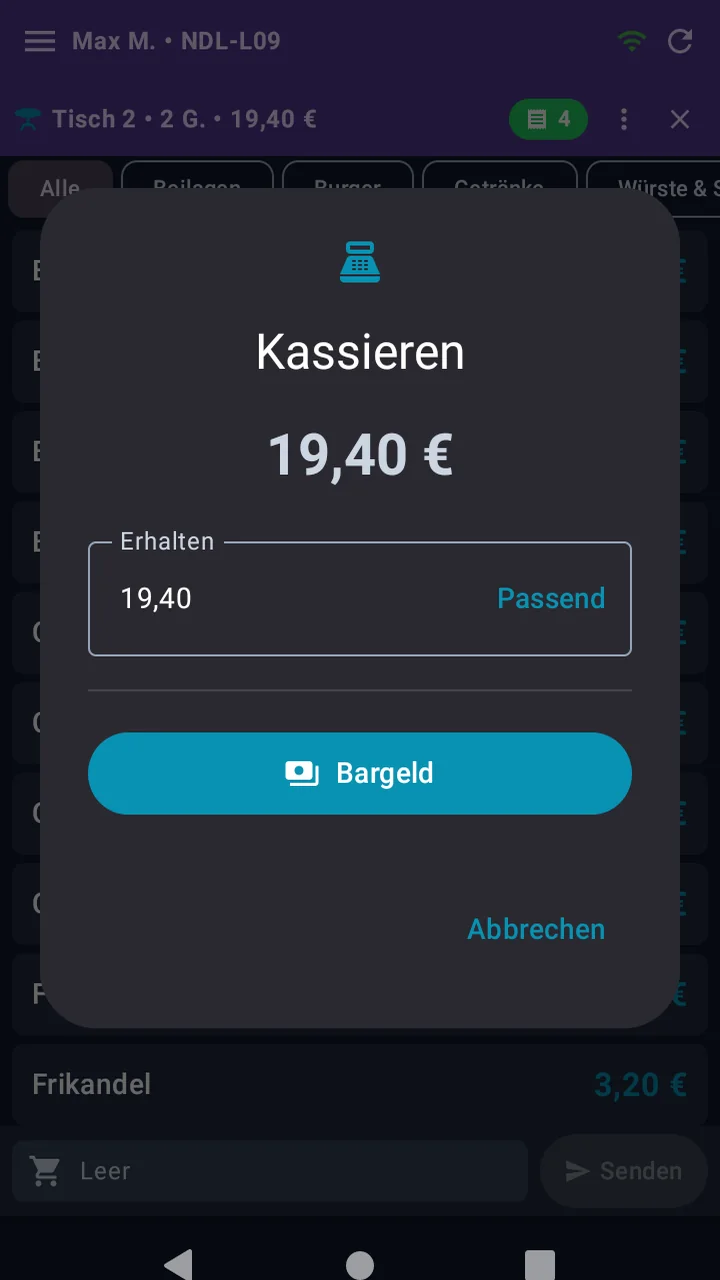 Kassieren-Dialog der Kellner-App mit dem offenen Betrag 19,40 Euro, dem Eingabefeld Erhalten, der Schaltfläche Passend und der Zahlungsart Bargeld