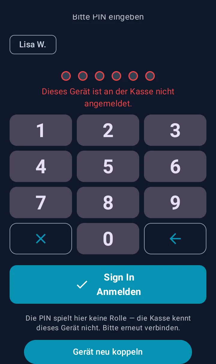 Kellner-Anmeldung mit der roten Meldung, dass das Gerät an der Kasse nicht angemeldet ist, dem Hinweis dass die PIN hier keine Rolle spielt und der Schaltfläche Gerät neu koppeln