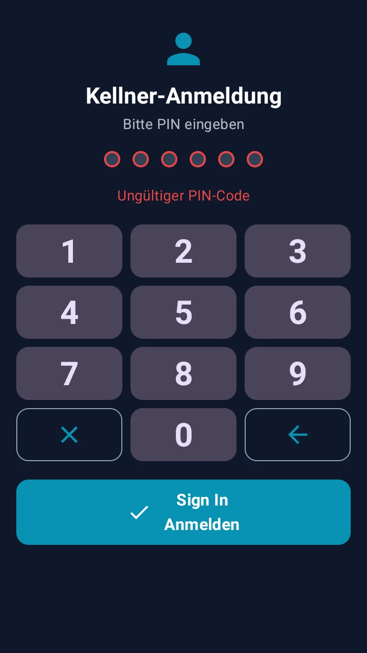 Kellner-Anmeldung mit der Meldung Ungültiger PIN-Code als Beispiel für einen echten PIN-Fehler