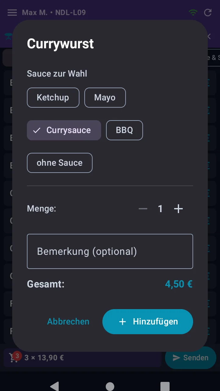 Dialog für eine Currywurst in der Kellner-App mit der Sauce-Auswahl Ketchup, Mayo, Currysauce, BBQ und ohne Sauce, einer Mengensteuerung, dem Feld Bemerkung optional und der Gesamtsumme 4,50 Euro