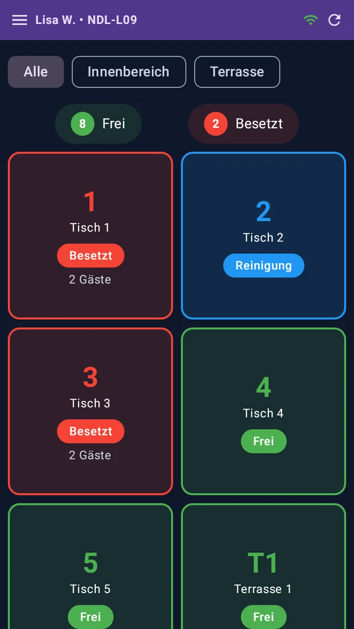 Tischplan in der BISpicy POS Kellner-App auf dem Handheld: Filterleiste mit Alle, Innenbereich und Terrasse, Zähler für 8 freie und 2 besetzte Tische sowie Kacheln für Tisch 1 bis 5 und Terrasse 1 mit den Zuständen Besetzt, Frei und Reinigung