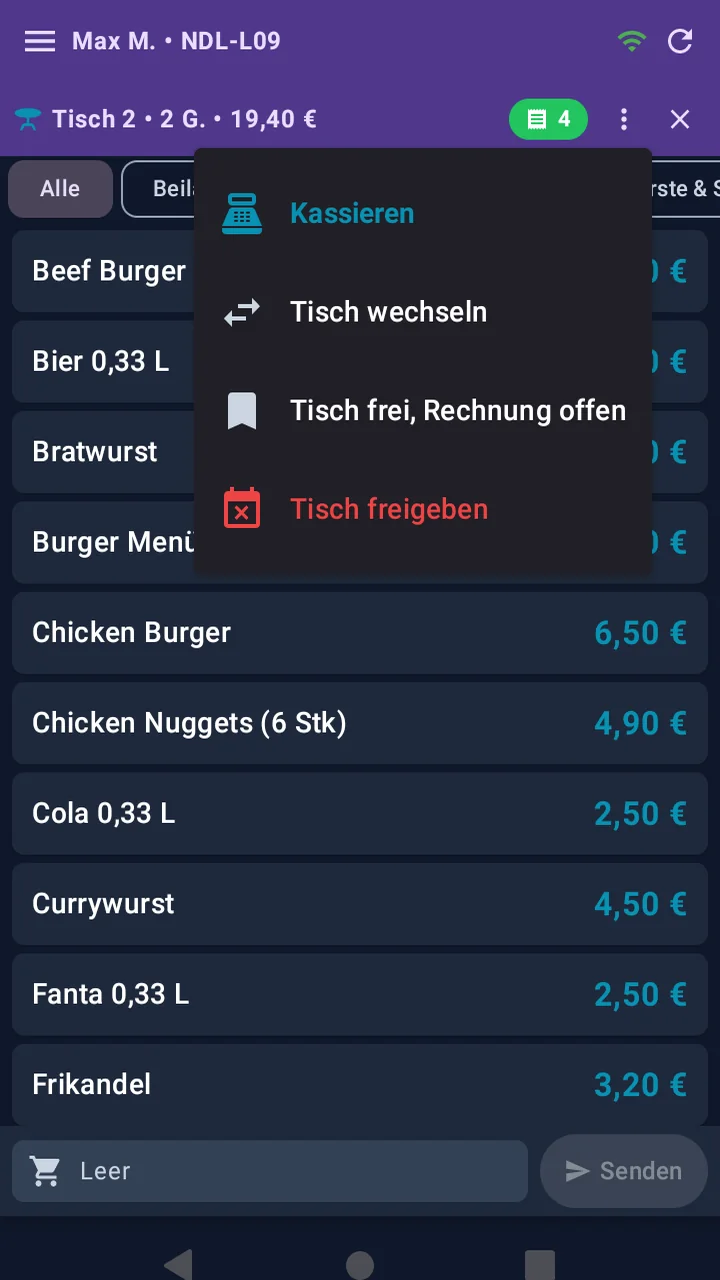 Geöffnetes Optionsmenü an einem besetzten Tisch in der Kellner-App mit den Einträgen Kassieren, Tisch wechseln, Tisch frei Rechnung offen und Tisch freigeben