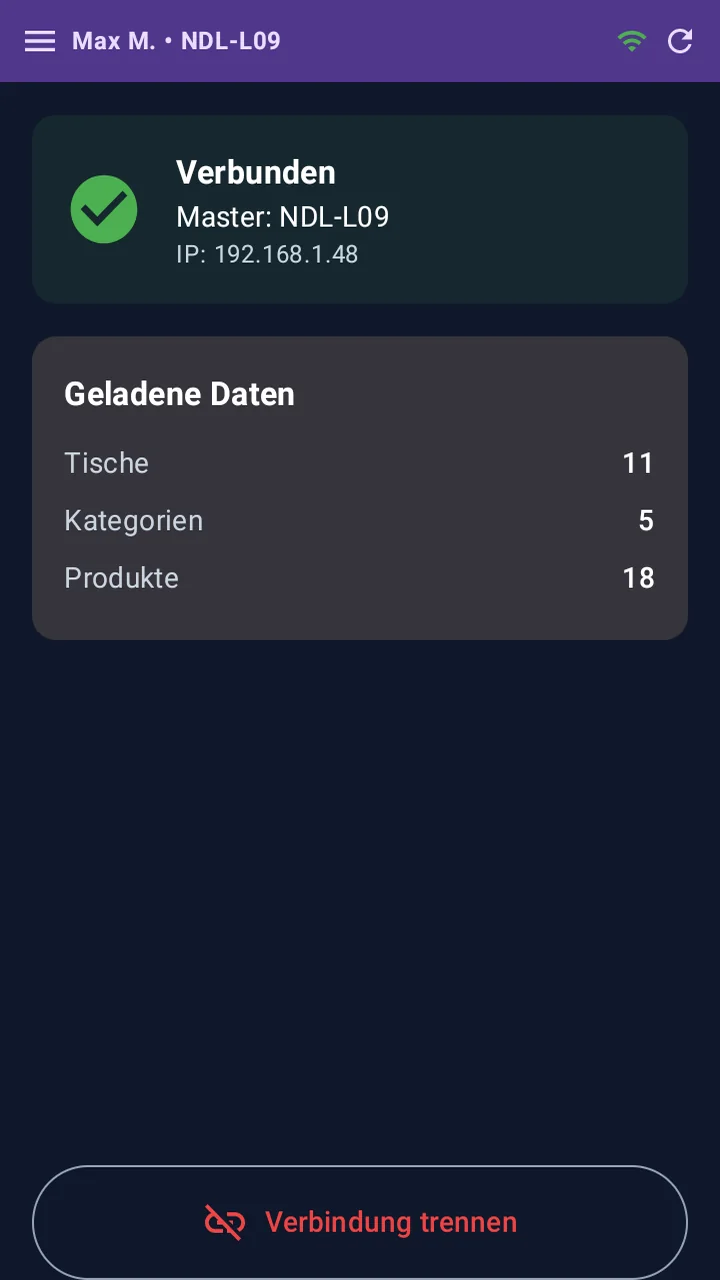 Statusansicht der Kellner-App mit grünem Hinweis Verbunden, Name und IP-Adresse der Hauptkasse, der Übersicht geladener Daten mit 11 Tischen, 5 Kategorien und 18 Produkten sowie der Schaltfläche Verbindung trennen