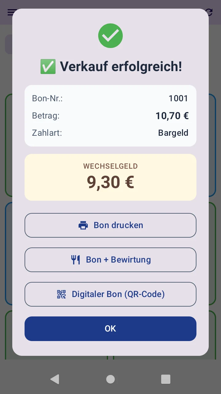 Bestätigung nach dem Kassieren in der Kellner-App mit Bonnummer 1001, Betrag 10,70 Euro, Zahlart Bargeld, hervorgehobenem Wechselgeld 9,30 Euro und den Schaltflächen Bon drucken, Bon mit Bewirtungsbeleg und Digitaler Bon