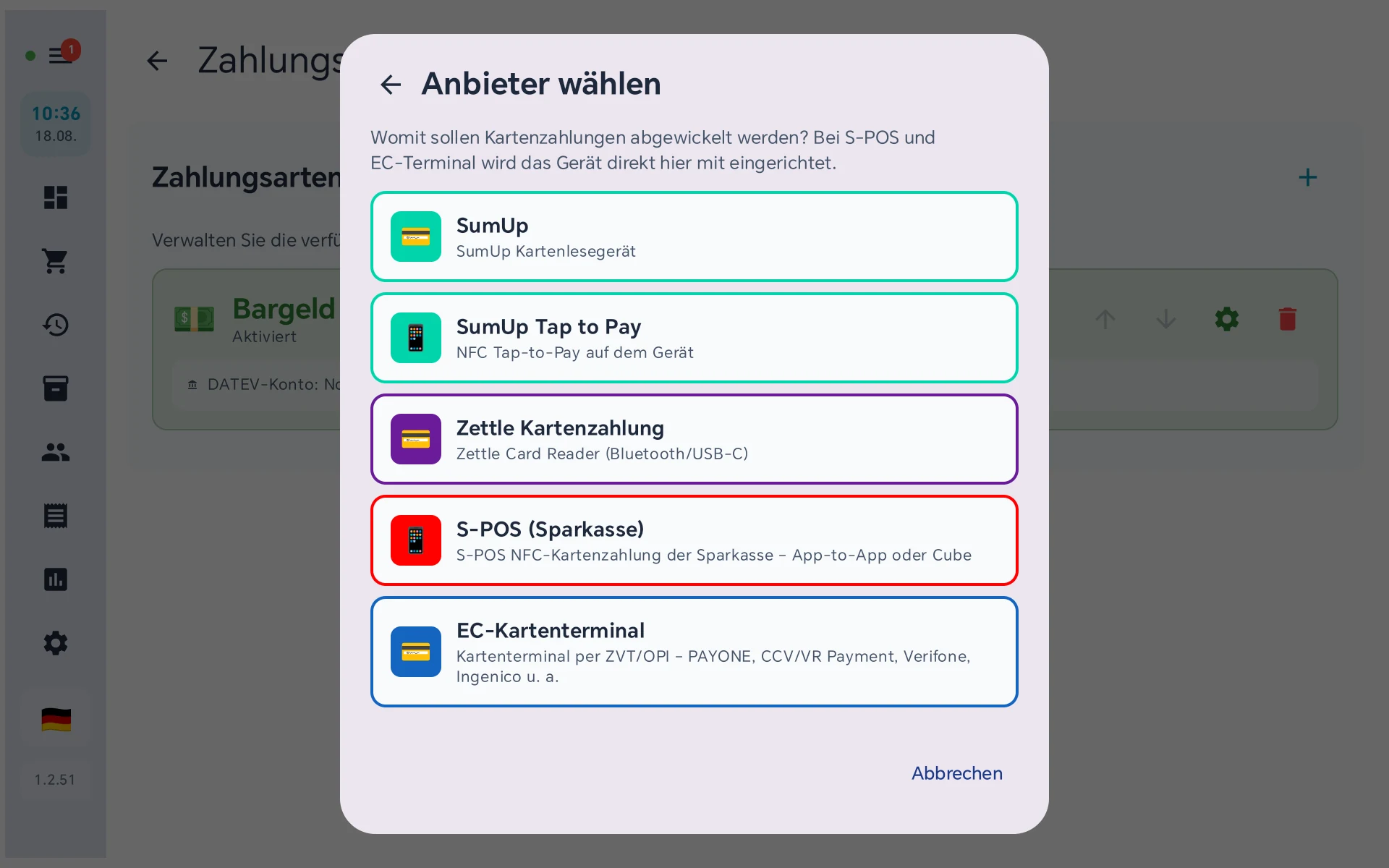Anbieterauswahl für Kartenzahlung mit SumUp, SumUp Tap to Pay, Zettle, S-POS und EC-Kartenterminal