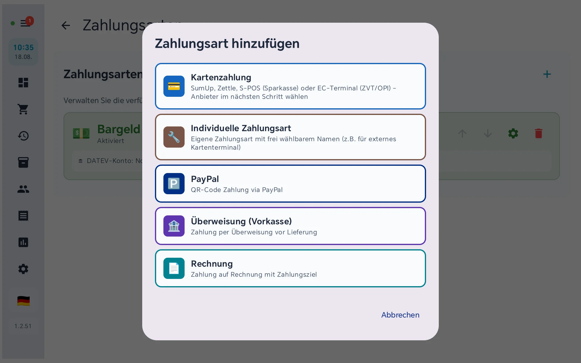 Auswahl beim Anlegen einer Zahlungsart: Kartenzahlung, individuelle Zahlungsart, PayPal, Überweisung und Rechnung