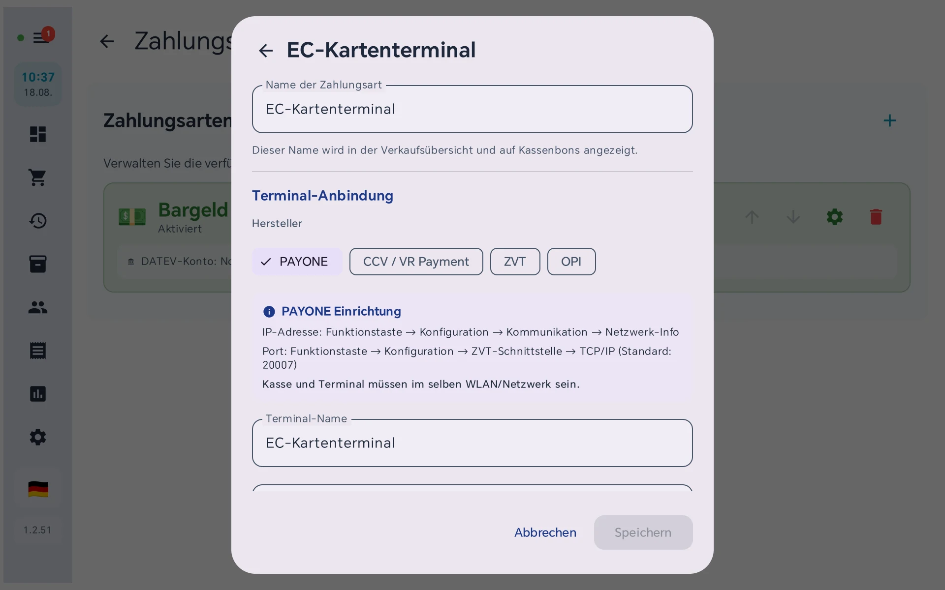 Einrichtung des EC-Kartenterminals mit Herstellerauswahl PAYONE, CCV VR Payment, ZVT und OPI sowie Terminalname
