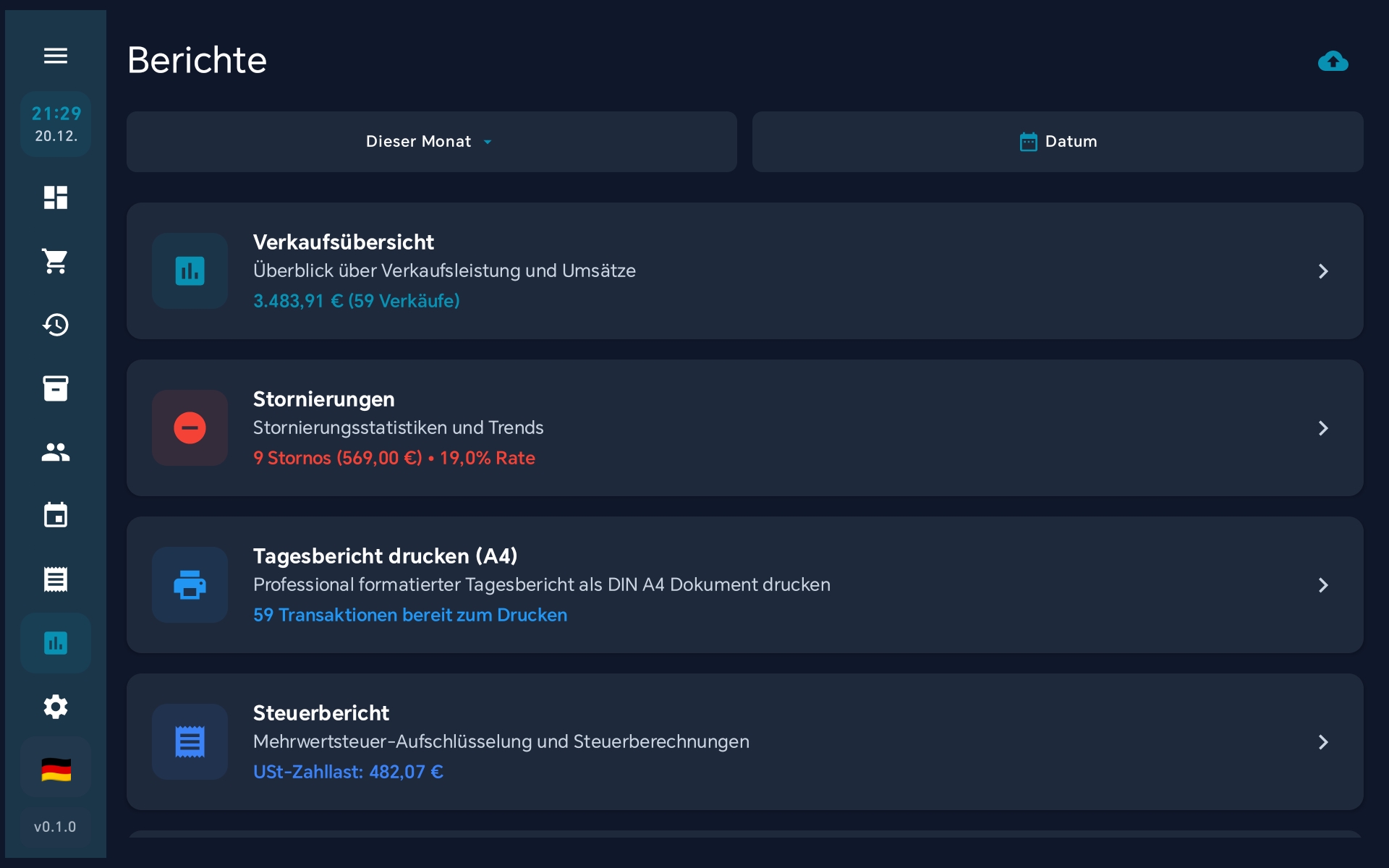 Berichte-Übersicht - Dashboard mit Umsatzzahlen und Diagrammen