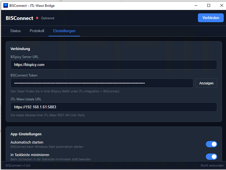 BISConnect Client - Einstellungen