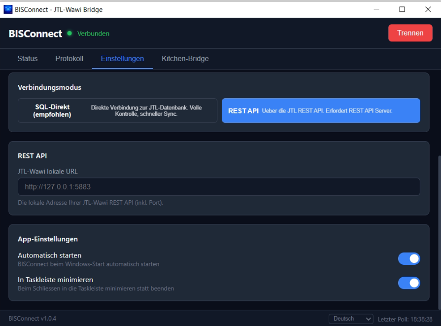 BISConnect Client - Einstellungen mit aktiviertem Modus REST API