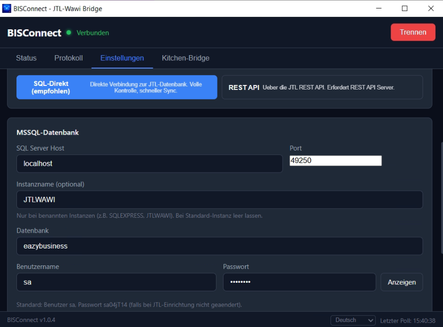 BISConnect Client - Einstellungen mit aktiviertem Modus SQL-Direkt und MSSQL-Datenbank-Formular