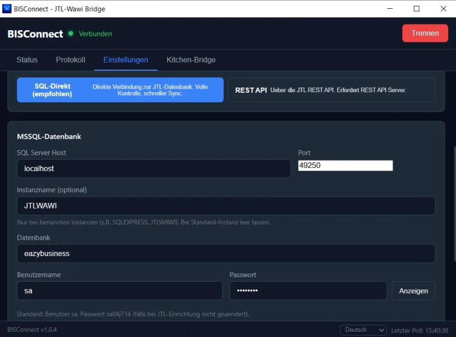 BISConnect Client - Einstellungen mit aktiviertem Modus SQL-Direkt und MSSQL-Datenbank-Formular