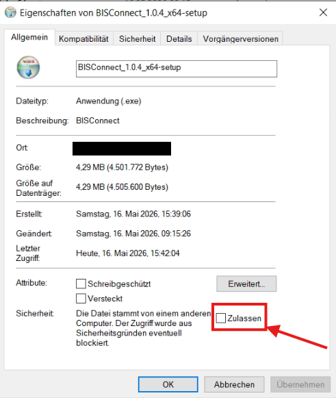 Windows-Dateieigenschaften: Kästchen Zulassen anhaken