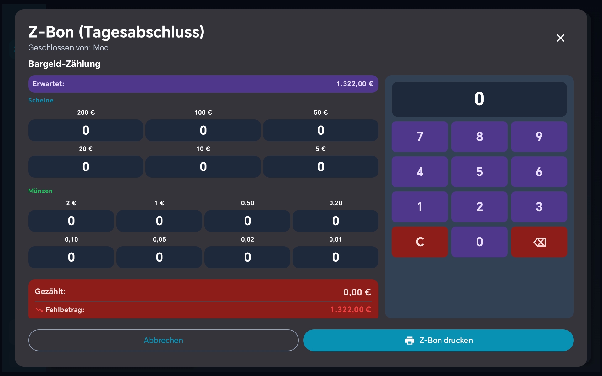 Z-Bon Bargeld-Zaehlung
