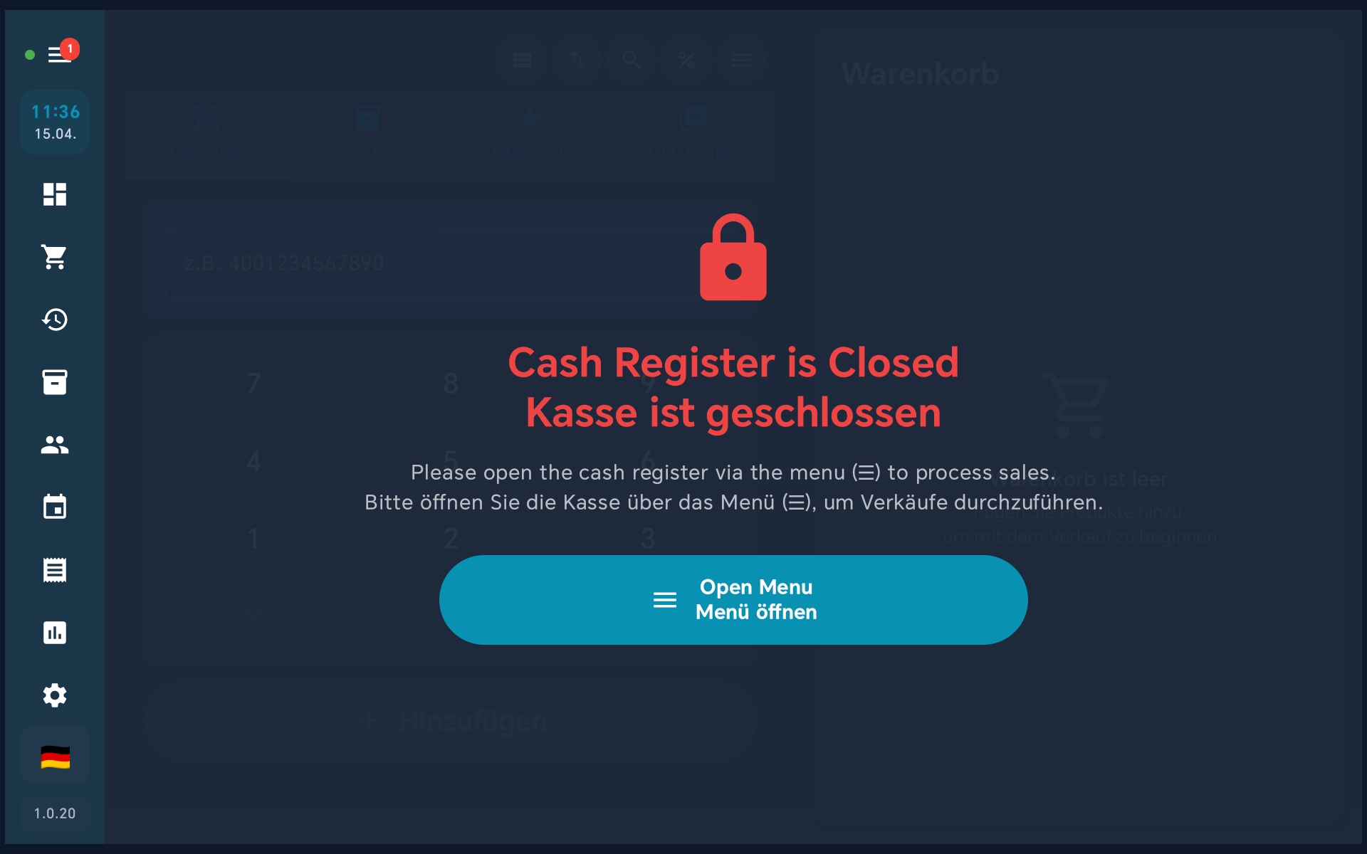 Kasse ist geschlossen — Sperrhinweis