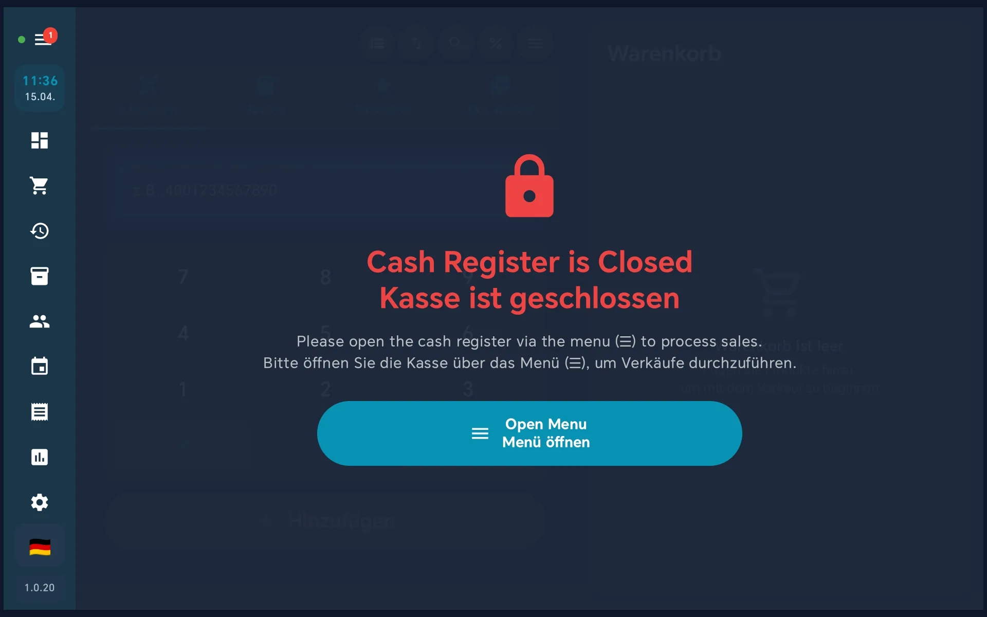 Kasse ist geschlossen — Sperrhinweis