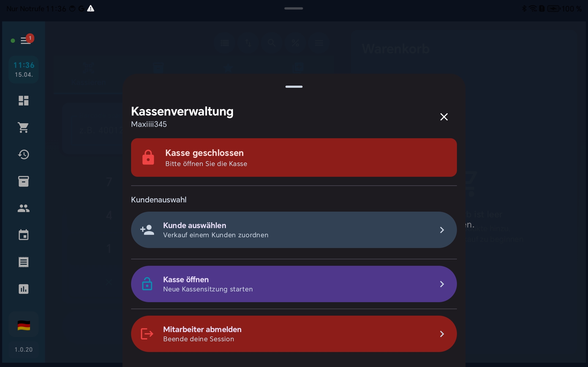 Kassenverwaltung mit Kasse-öffnen-Button