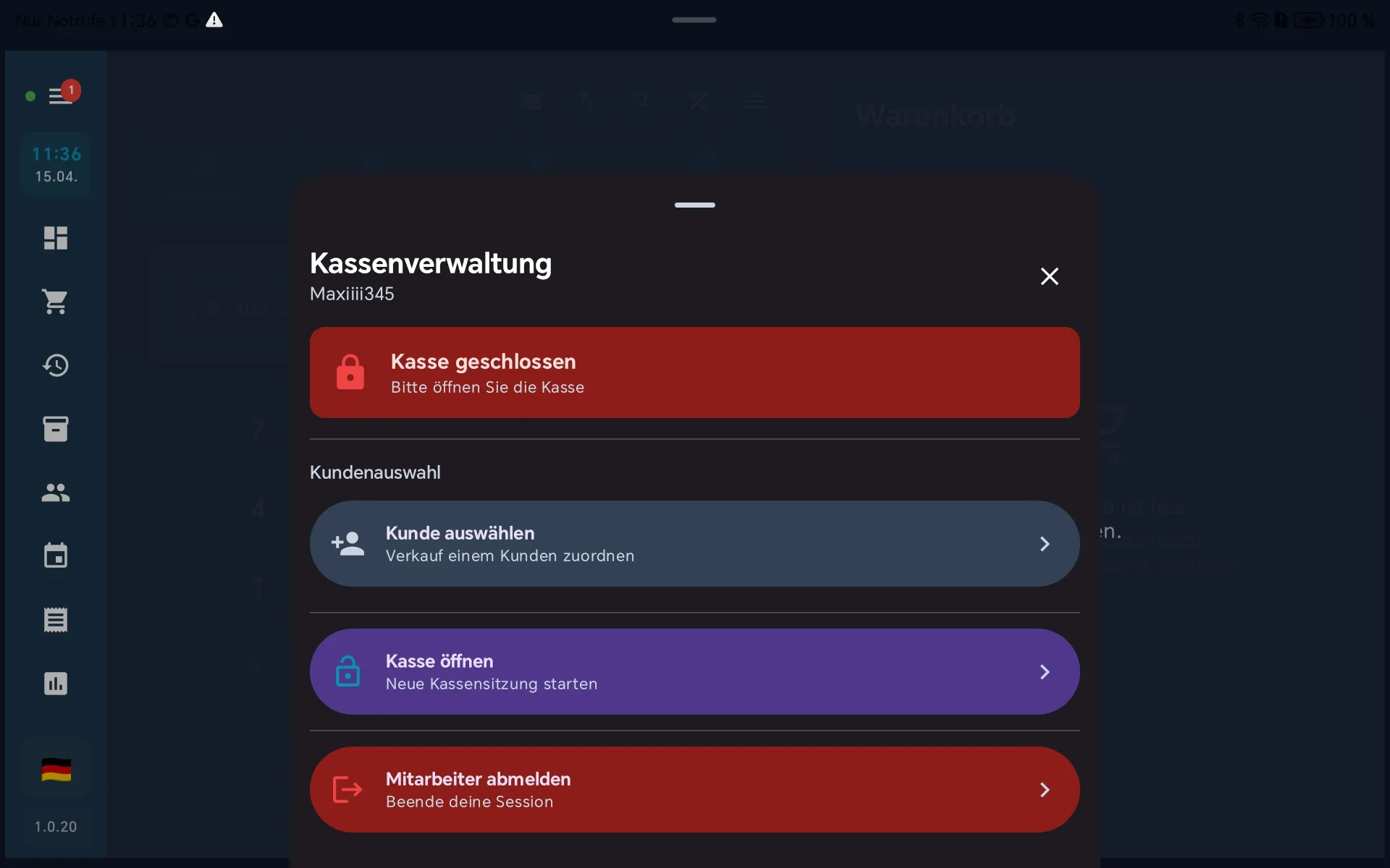 Kassenverwaltung mit Kasse-öffnen-Button